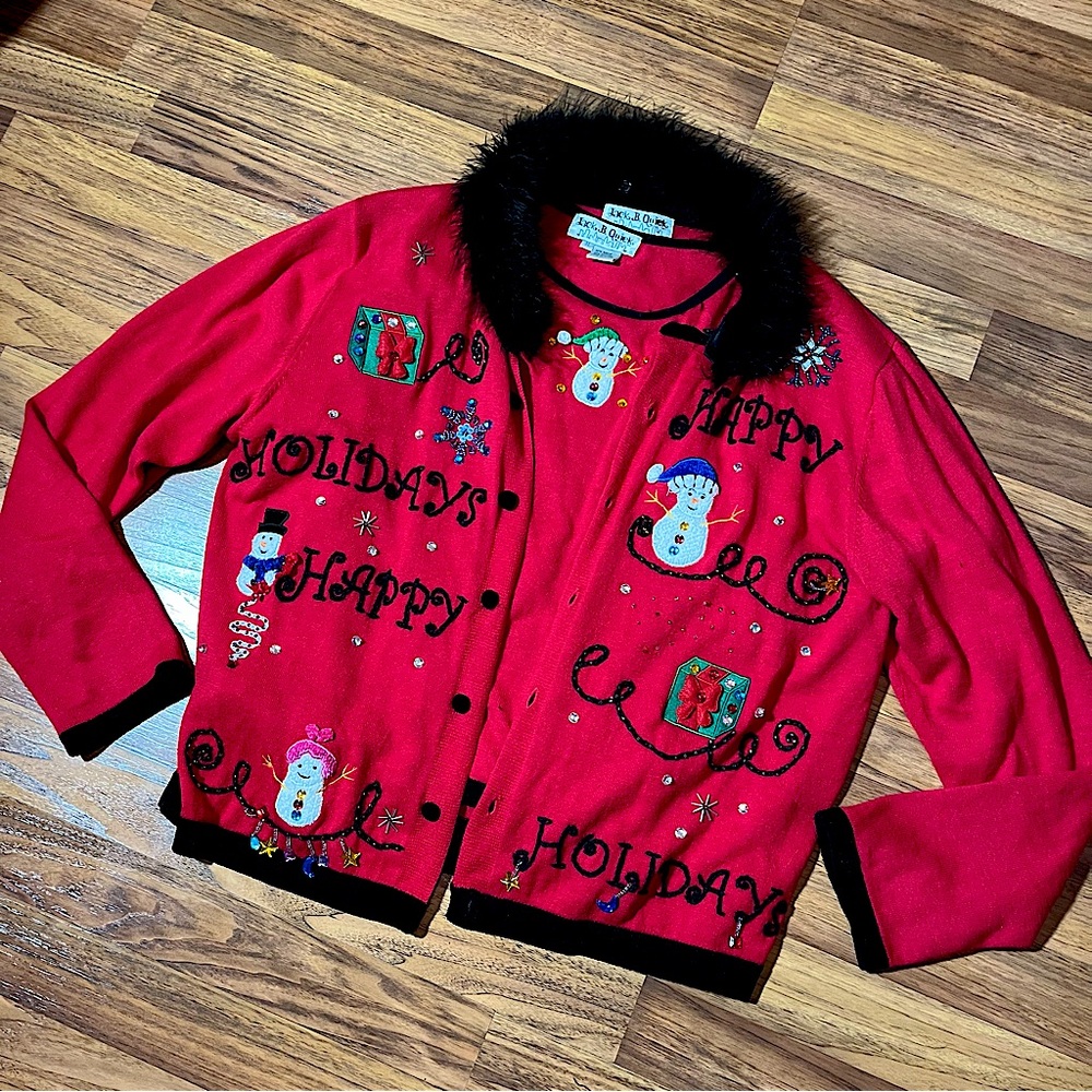 Vintage 90’s Y2K Beaded Christmas Sweater Holiday Cardigan Feather Snowman